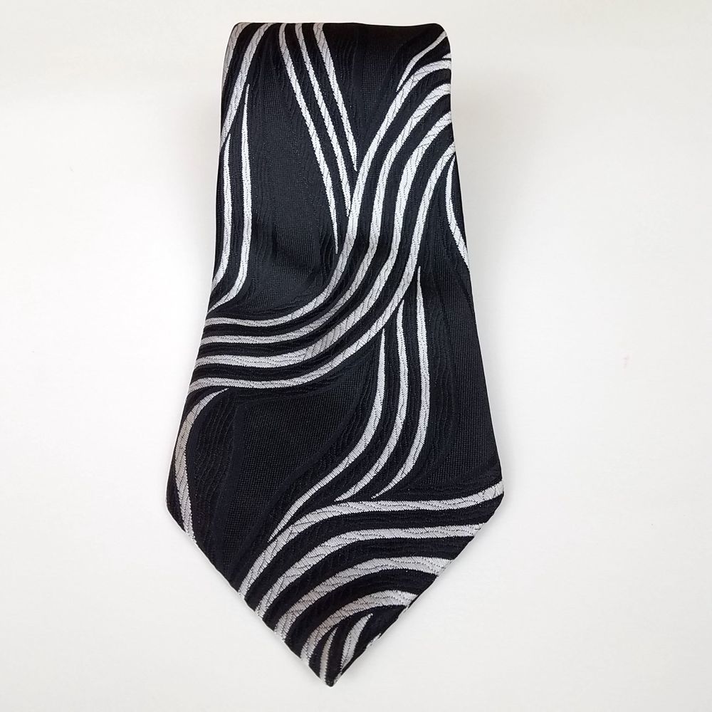 1970s Retro Black White Swirl Wide Neck Tie, Vintage Trevira Men's Abstract Tie